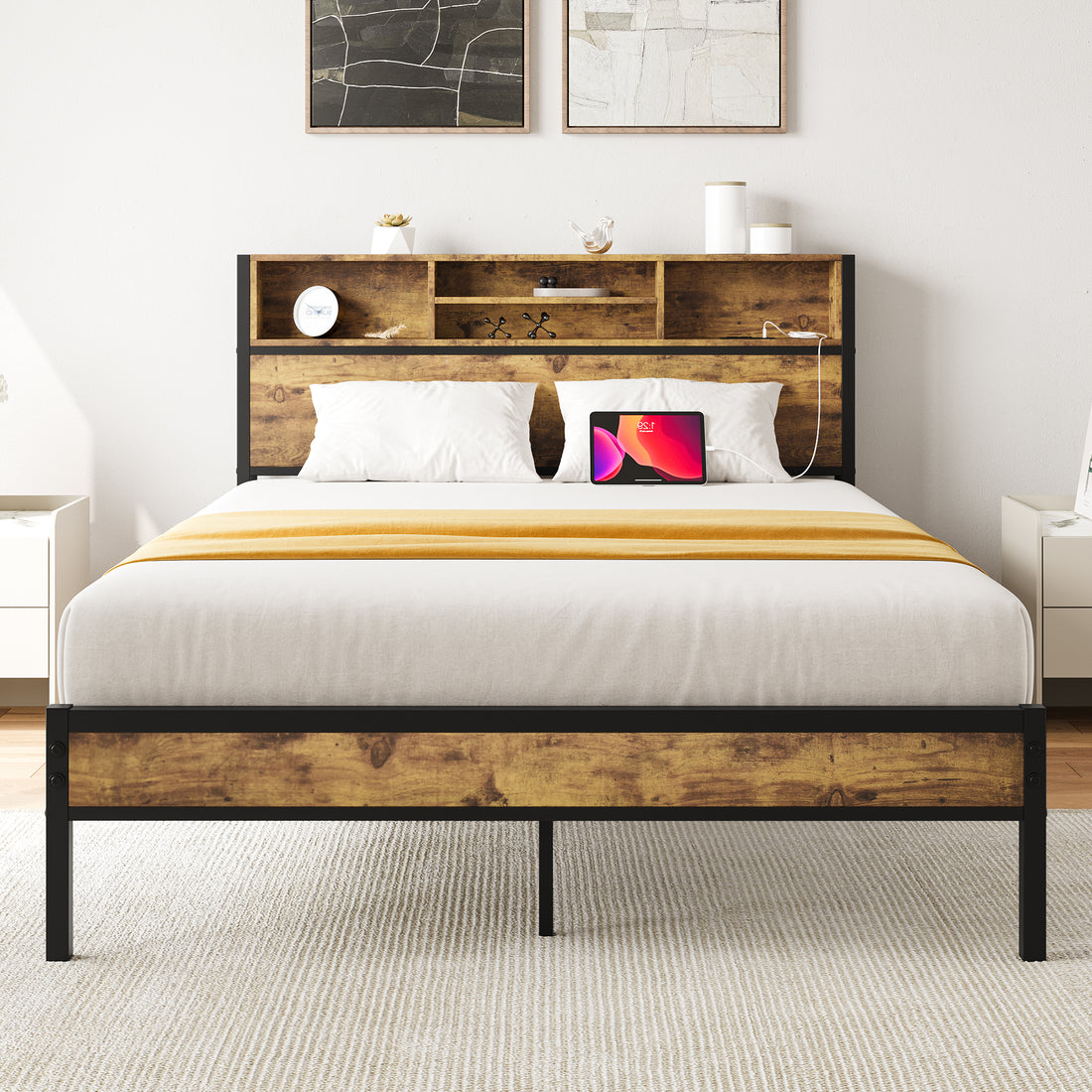 Full Size Bed Frame With Storage Headboard, Metal Platform Bed With Charging Station, Bookcase Storage, No Box Spring Needed, Easy Assembly, Noise Free, Black Box Spring Not Required Full Black Iron