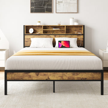 Full Size Bed Frame With Storage Headboard, Metal Platform Bed With Charging Station, Bookcase Storage, No Box Spring Needed, Easy Assembly, Noise Free, Black Box Spring Not Required Full Black Iron