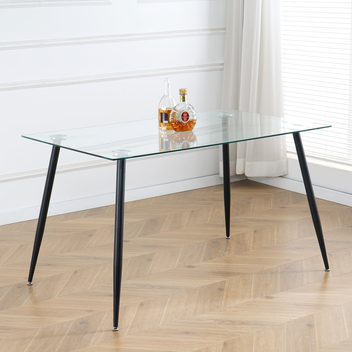 Table And Chair Set, One Table And Four Chairs. Clear Tempered Glass Table Top, 0.3 Feet Thick, Black Wrought Iron Legs. Black Spray Paint Chair Legs. Upholstered Chair Glass Red Metal Rectangular