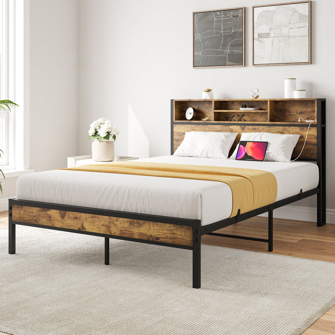 Full Size Bed Frame With Storage Headboard, Metal Platform Bed With Charging Station, Bookcase Storage, No Box Spring Needed, Easy Assembly, Noise Free, Black Box Spring Not Required Full Black Iron
