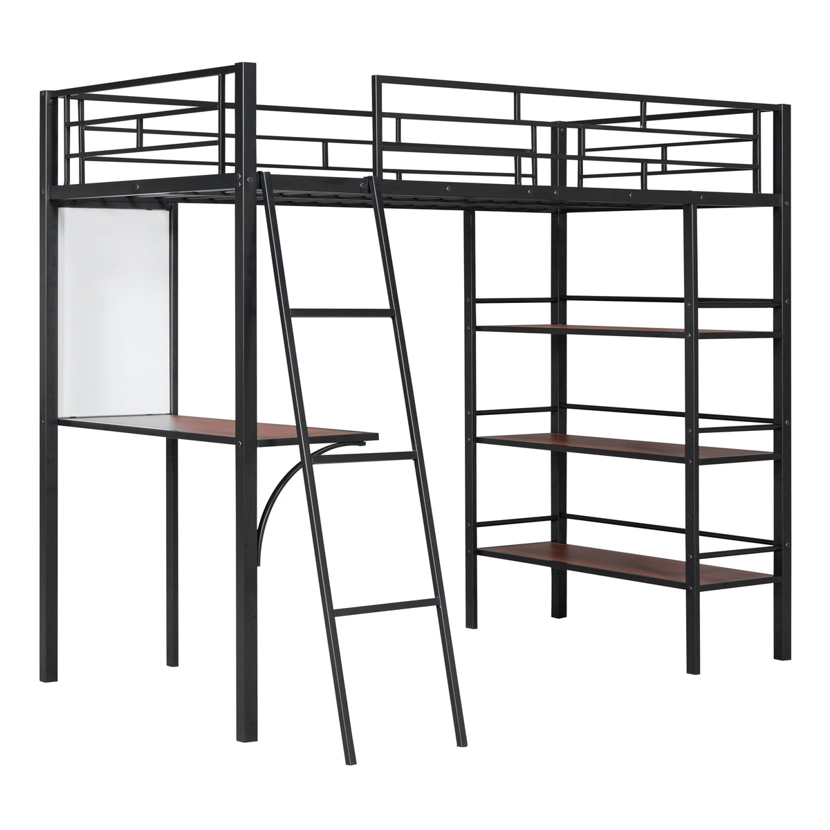 Twin Size Loft Metal Bed With 3 Layers Of Shelves And Desk, Stylish Metal Frame Bed With Whiteboard, Black Black Metal