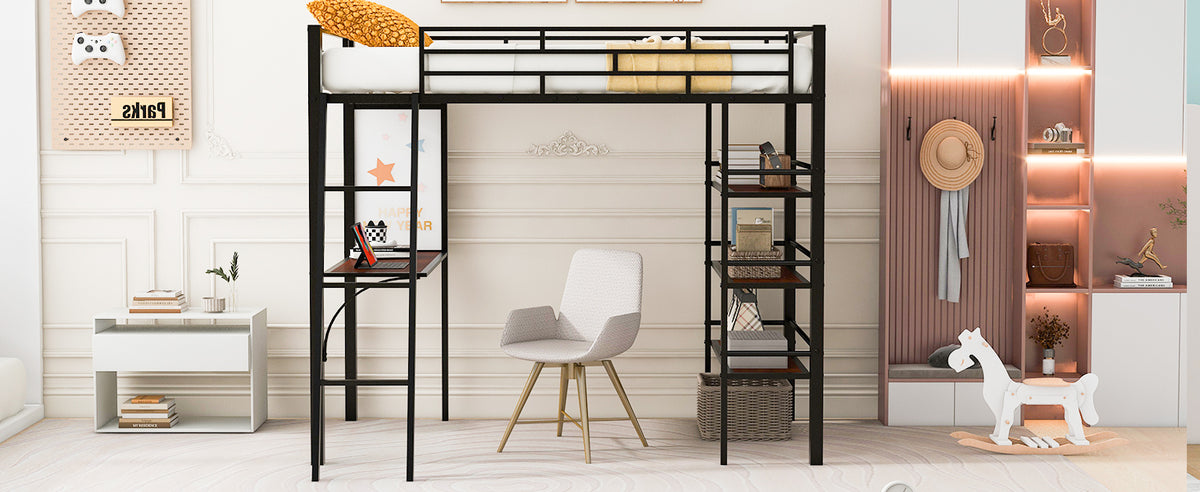 Twin Size Loft Metal Bed With 3 Layers Of Shelves And Desk, Stylish Metal Frame Bed With Whiteboard, Black Black Metal