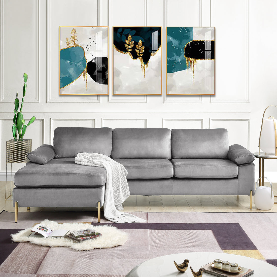 Shannon Velvet Sectional Sofa With Chaise Gray Foam Velvet
