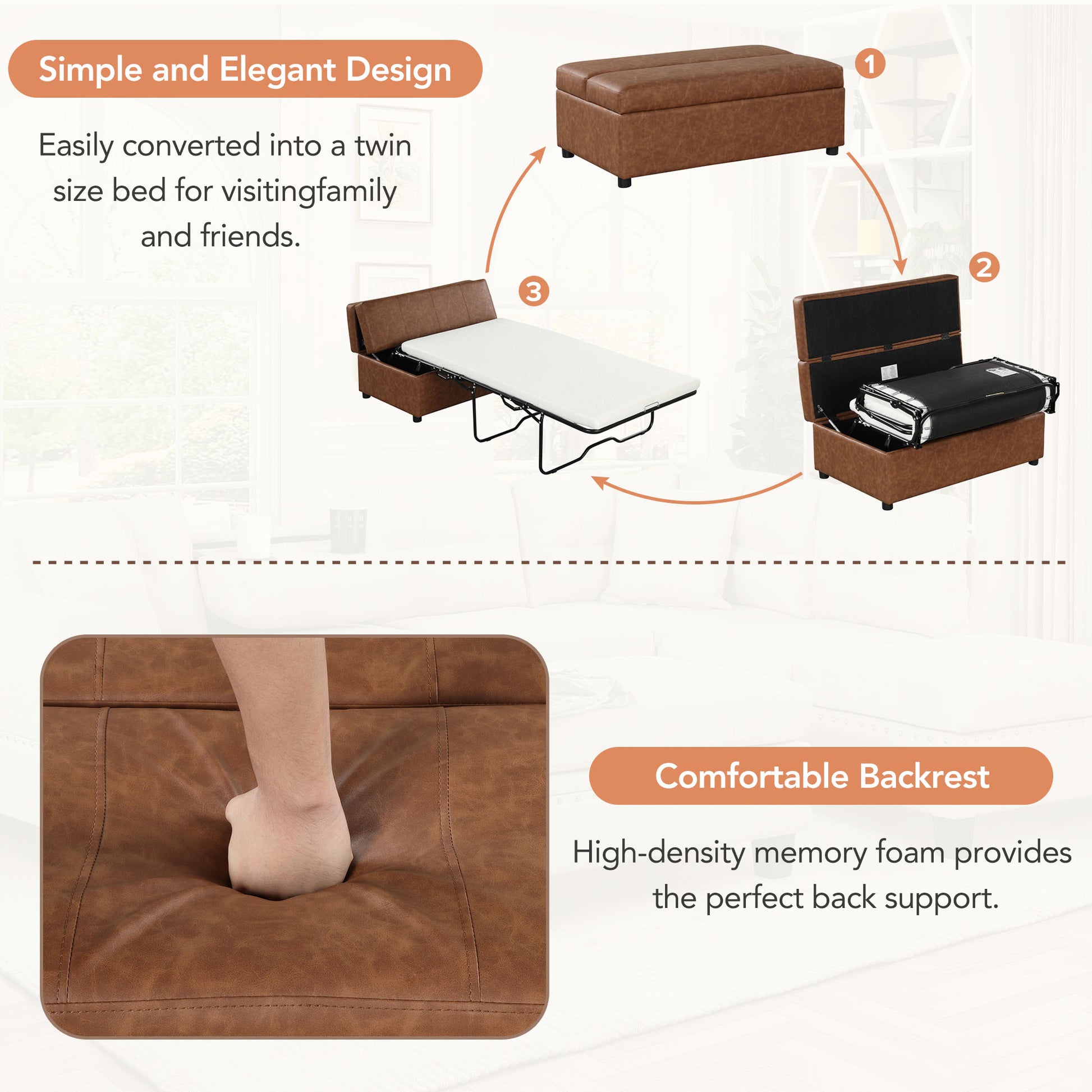 Twin Size Folding Ottoman Sleeper Bed With Mattress Convertible Guest Bed Brown Brown Foam Pu 1 Seat