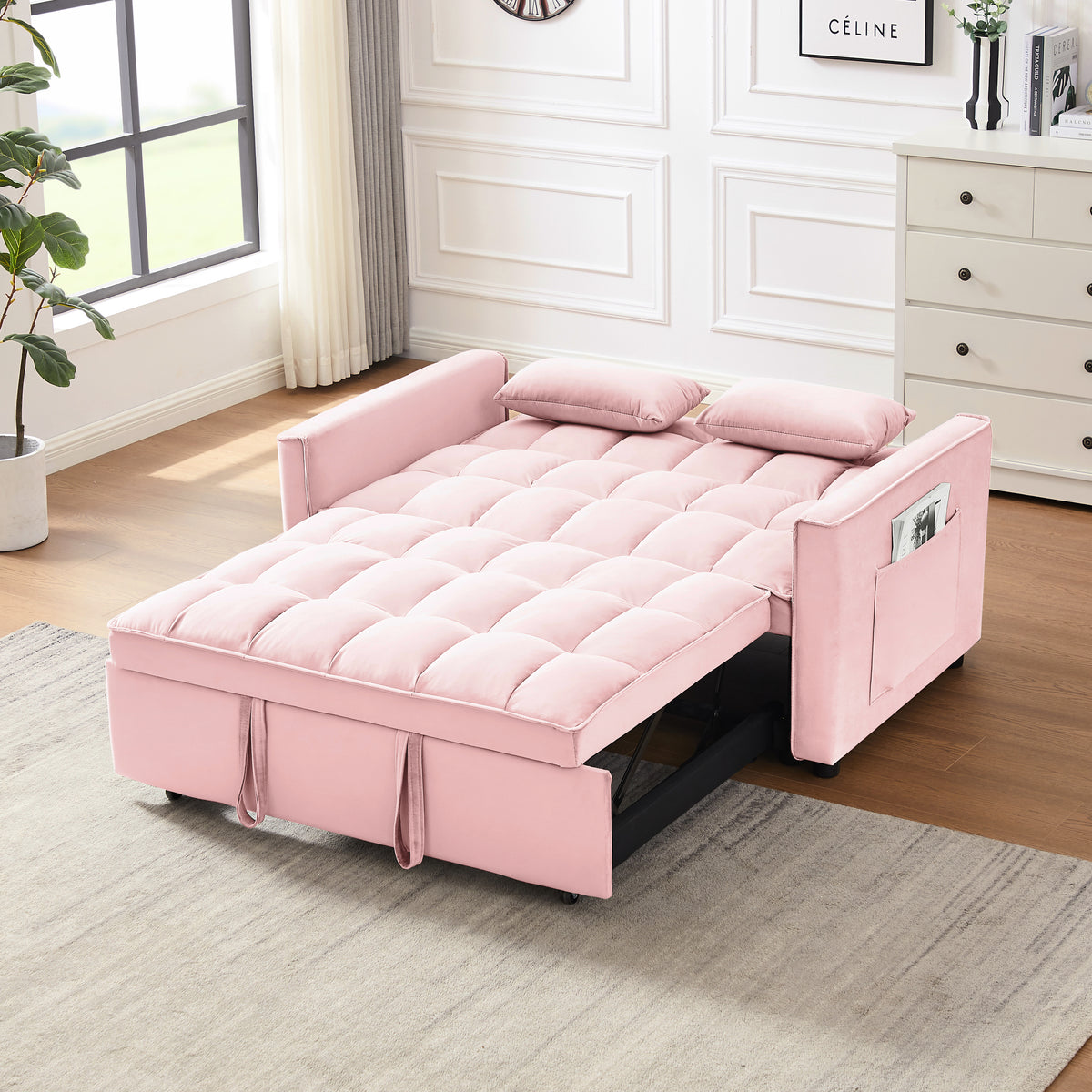 Modern Velvet Loveseat Futon Sofa Couch W Pullout Bed,Small Beautiful Seat Lounge Sofa W Reclining Backrest,Toss Pillows, Pockets,Furniture For Living Room,3 In 1 Convertible Sleeper Sofa Bed, Pink Pink Light Brown Velvet Wood Primary Living Space Medium