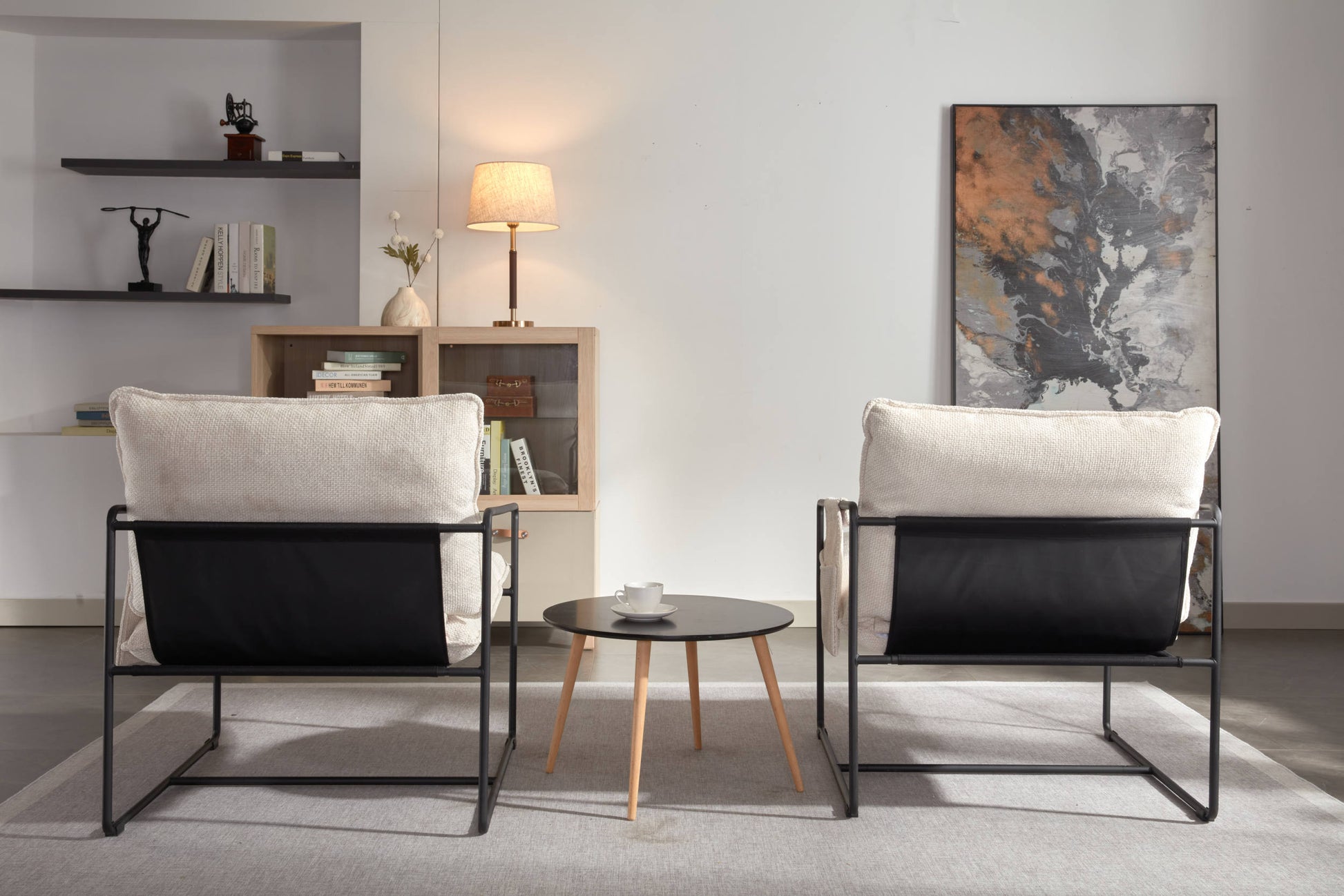 2 Chairs In 1 Box, Upholstered Hanging Armchair With Arm Pocket Metal Frame, Crushed Foam Cushions And Skin Friendly Braid For Living Room And Bedroom. Beige Color Beige Metal