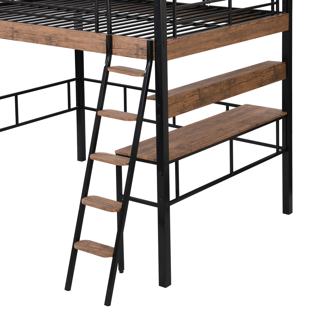 Metal Full Size Loft Bed With Built In Desk, Storage Shelf And Ladder, Black Full Box Spring Not Required Black Metal Metal & Wood