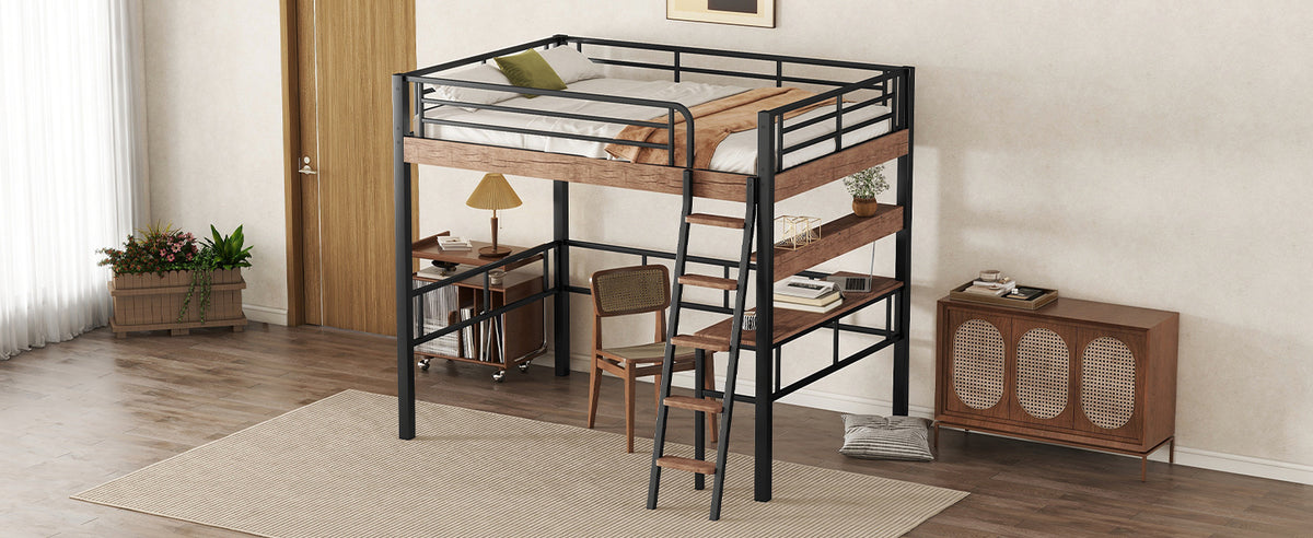 Metal Full Size Loft Bed With Built In Desk, Storage Shelf And Ladder, Black Full Box Spring Not Required Black Metal Metal & Wood