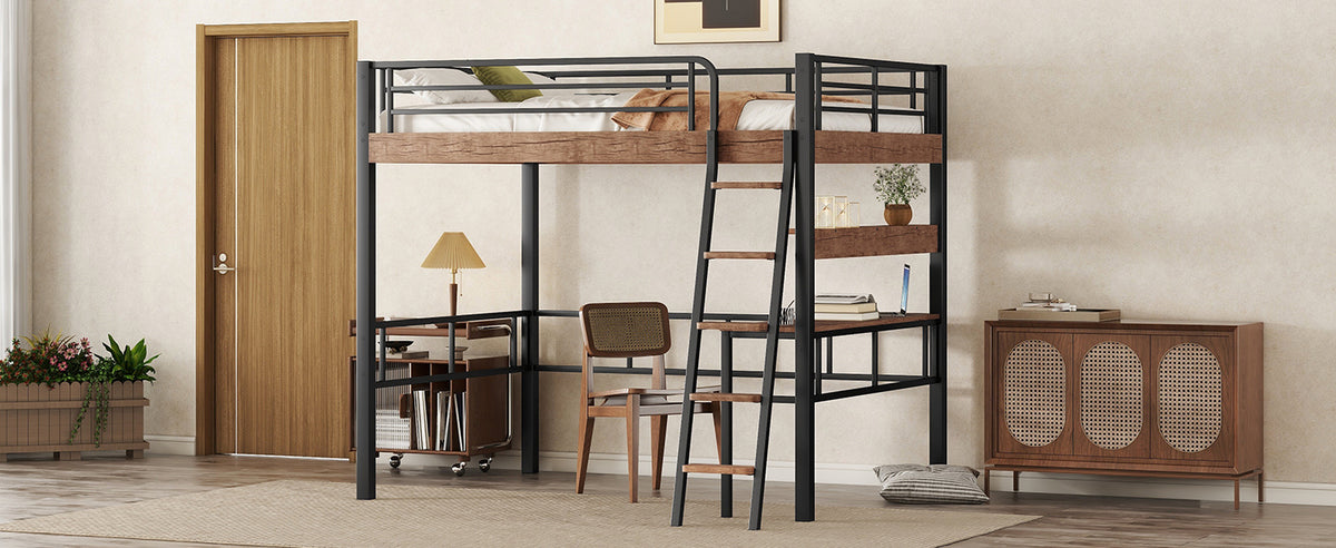 Metal Full Size Loft Bed With Built In Desk, Storage Shelf And Ladder, Black Full Box Spring Not Required Black Metal Metal & Wood
