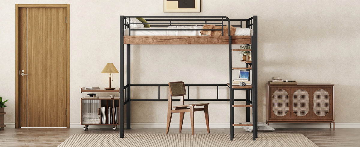 Metal Full Size Loft Bed With Built In Desk, Storage Shelf And Ladder, Black Full Box Spring Not Required Black Metal Metal & Wood