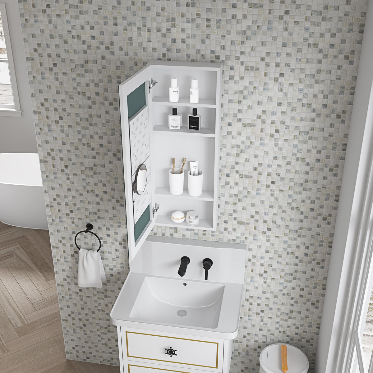 15" W X 36" H Single Door Bathroom Medicine Cabinet With Mirror, Recessed Or Surface Mount Bathroom Wall Cabinet, Beveled Edges,Silver White Engineered Wood