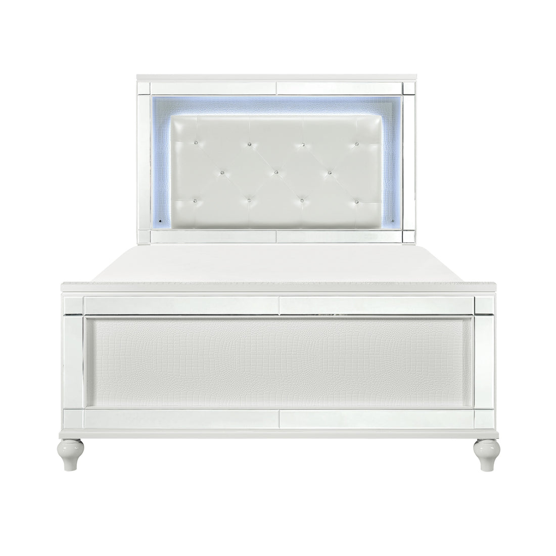 Metallic White Finish Queen Bed Led Headboard Button Tufted Modern Glam Bedroom Furniture Box Spring Required Queen White Wood Bedroom Glam,Modern Faux Leather Wood