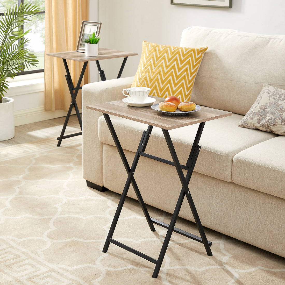 2 Piece Folding Tv Tray Table Noassembly Required Portable Sofa Side Table, Industrial Snack Table For Small Spaces, Space Saving Easy To Fold Wood Rustic Brown And Black Brown Primary Living Space American Design,American Traditional,Antique Metal &