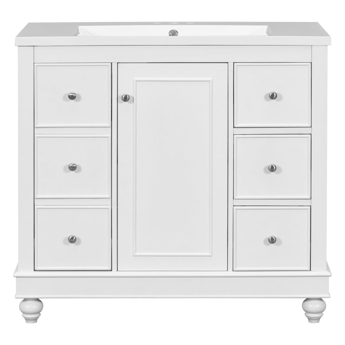 Contemporary White Bathroom Vanity Cabinet 36X18X34 Inches, 4 Drawers & 1 Cabinet Door, Multipurpose Storage, Resin Integrated Sink, Adjustable Shelves, Solid Wood Frame With Mdf White Modern Solid Wood Mdf Resin