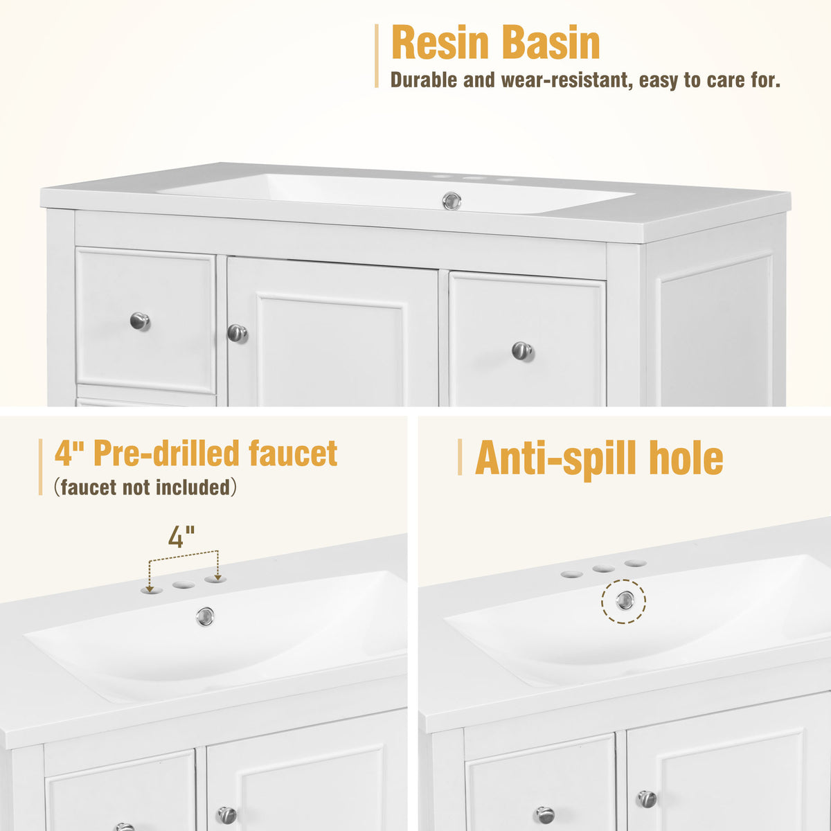 Contemporary White Bathroom Vanity Cabinet 36X18X34 Inches, 4 Drawers & 1 Cabinet Door, Multipurpose Storage, Resin Integrated Sink, Adjustable Shelves, Solid Wood Frame With Mdf White Modern Solid Wood Mdf Resin
