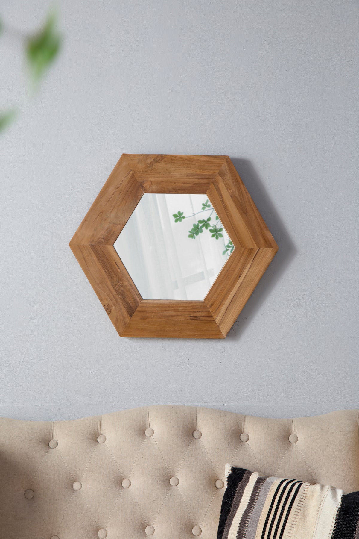 18.5" X 18.5" Hexagon Mirror With Natural Wood Frame, Wall Decor For Living Room Bathroom Hallway Natural Wood Glass