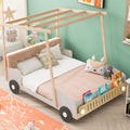 Wood Full Size Car Bed With Pillow, Ceiling Cloth And Led, Natural Box Spring Not Required Full Natural Wood Bedroom Solid Wood Mdf