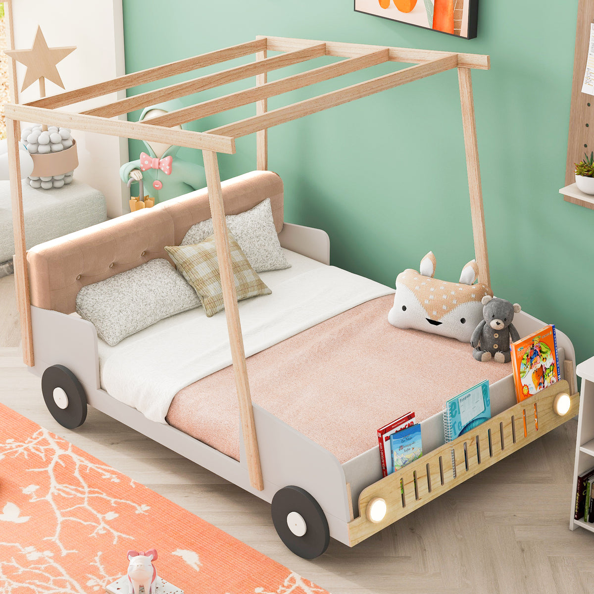 Wood Full Size Car Bed With Pillow, Ceiling Cloth And Led, Natural Box Spring Not Required Full Natural Wood Bedroom Solid Wood Mdf