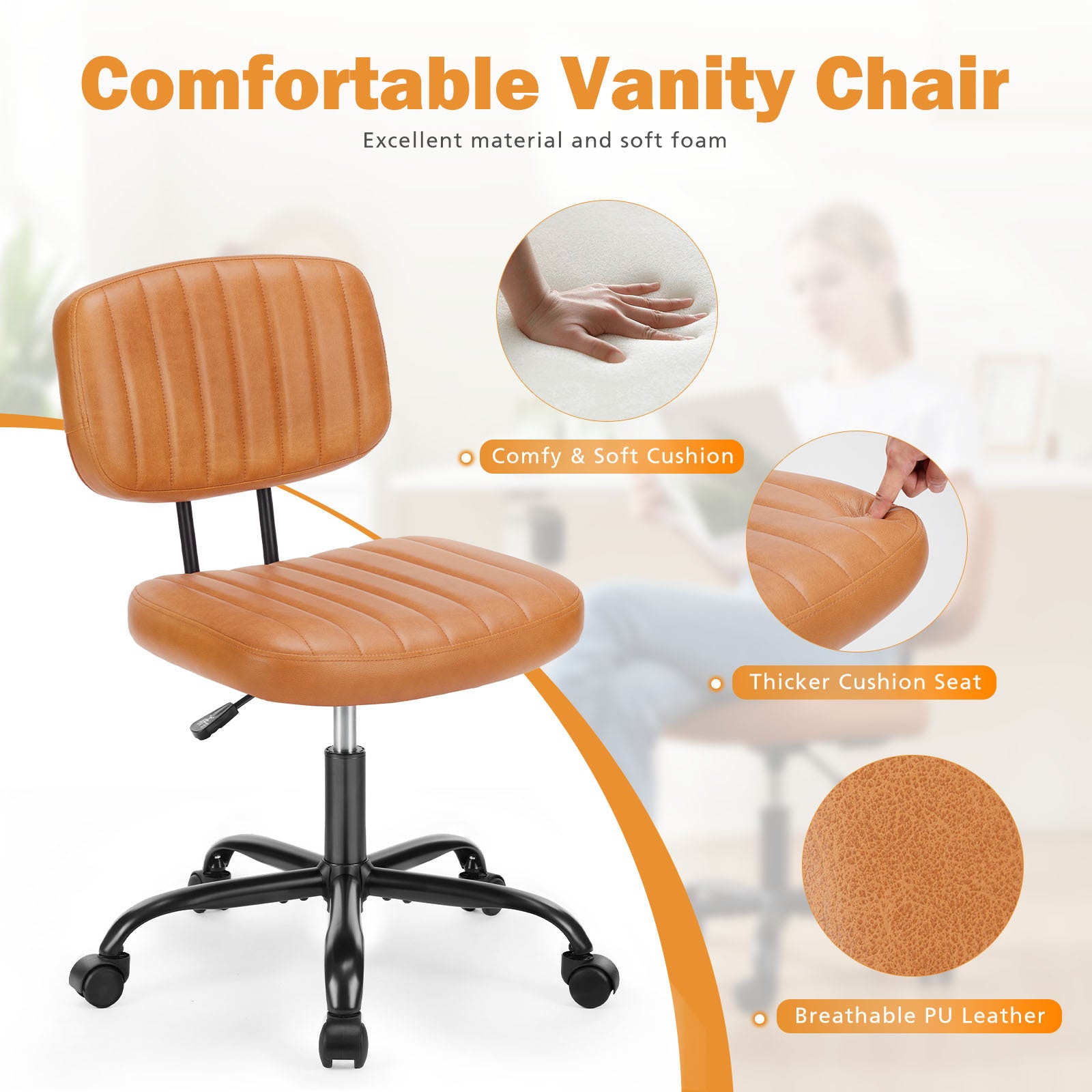 Sweetcrispy Pu Leather Low Back Task Chair Small Home Office Chair With Wheels Brown Abs Rubber Steel Q235