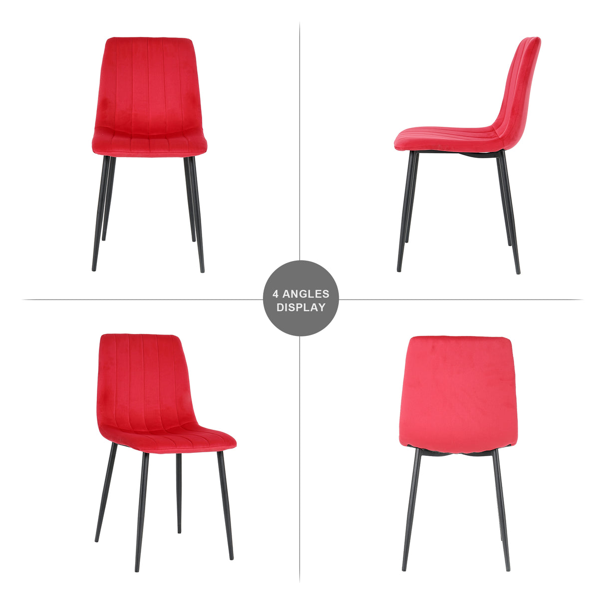 Table And Chair Set, One Table And Four Chairs. Clear Tempered Glass Table Top, 0.3 Feet Thick, Black Wrought Iron Legs. Black Spray Paint Chair Legs. Upholstered Chair Glass Red Metal Rectangular
