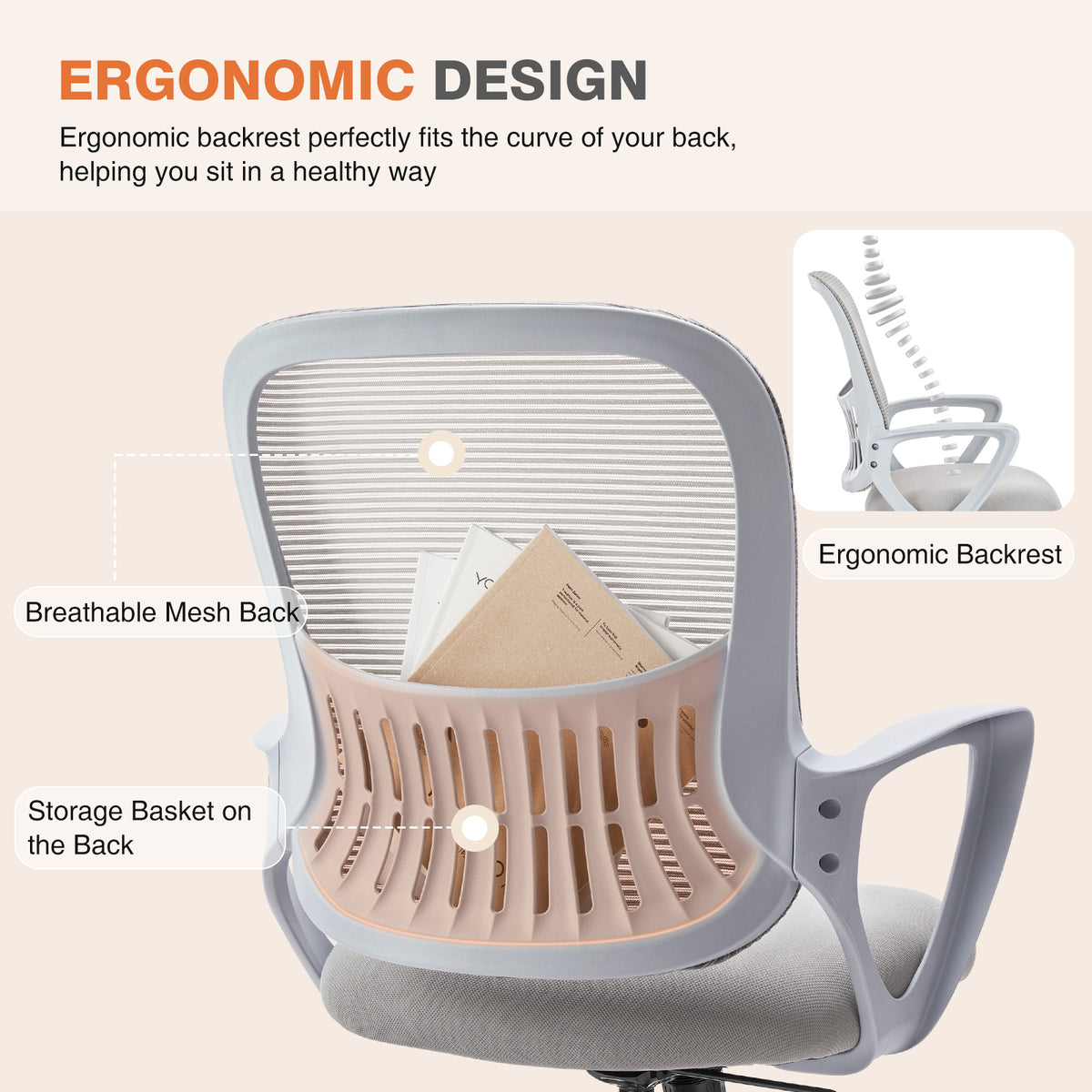 Sweetcrispy Ergonomic Office Chair Home Desk Mesh Chair With Fixed Armrest Executive Computer Chair With Soft Foam Seat Cushion Gray Nylon Mesh