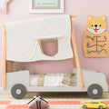 Wood Twin Size Car Bed With Pillow, Ceiling Cloth And Led, Natural Box Spring Not Required Twin Natural Wood Bedroom Solid Wood Mdf