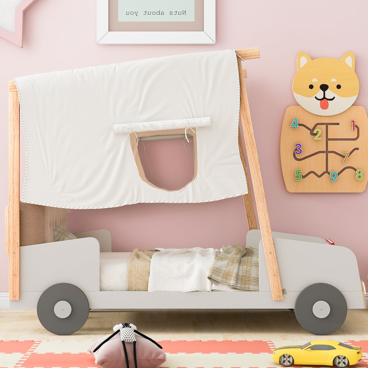 Wood Twin Size Car Bed With Pillow, Ceiling Cloth And Led, Natural Box Spring Not Required Twin Natural Wood Bedroom Solid Wood Mdf