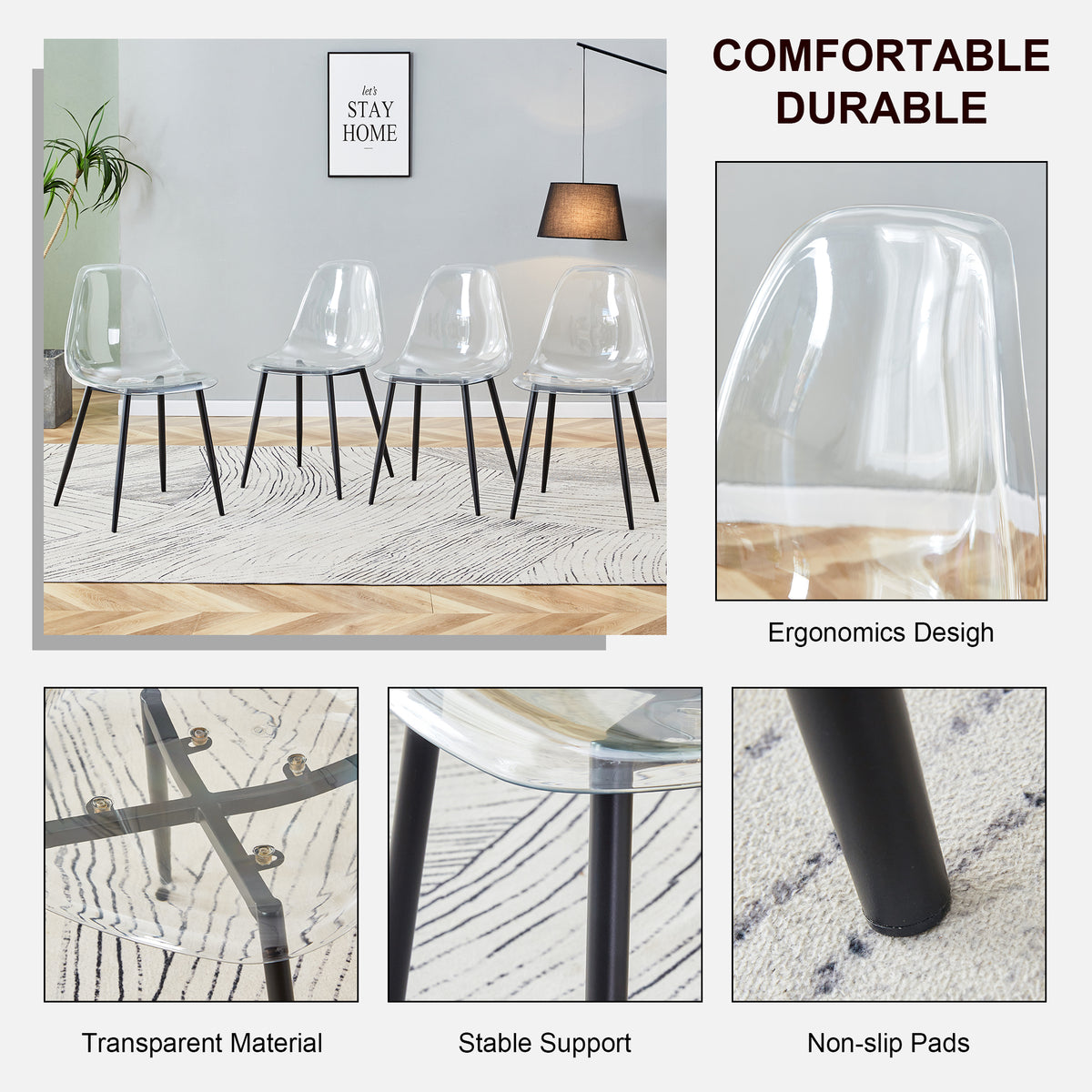 Modern Minimalist Transparent Dining Chair, Plastic Chair, Armless Crystal Chair, Nordic Creative Makeup Stool, Negotiation Chair, Set Of 4 Pieces, Black Metal Legs,Tw 1200 Black Metal