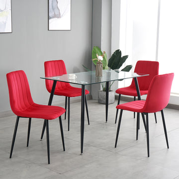 Table And Chair Set, One Table And Four Chairs. Clear Tempered Glass Table Top, 0.3 Feet Thick, Black Wrought Iron Legs. Black Spray Paint Chair Legs. Upholstered Chair Glass Red Metal Rectangular