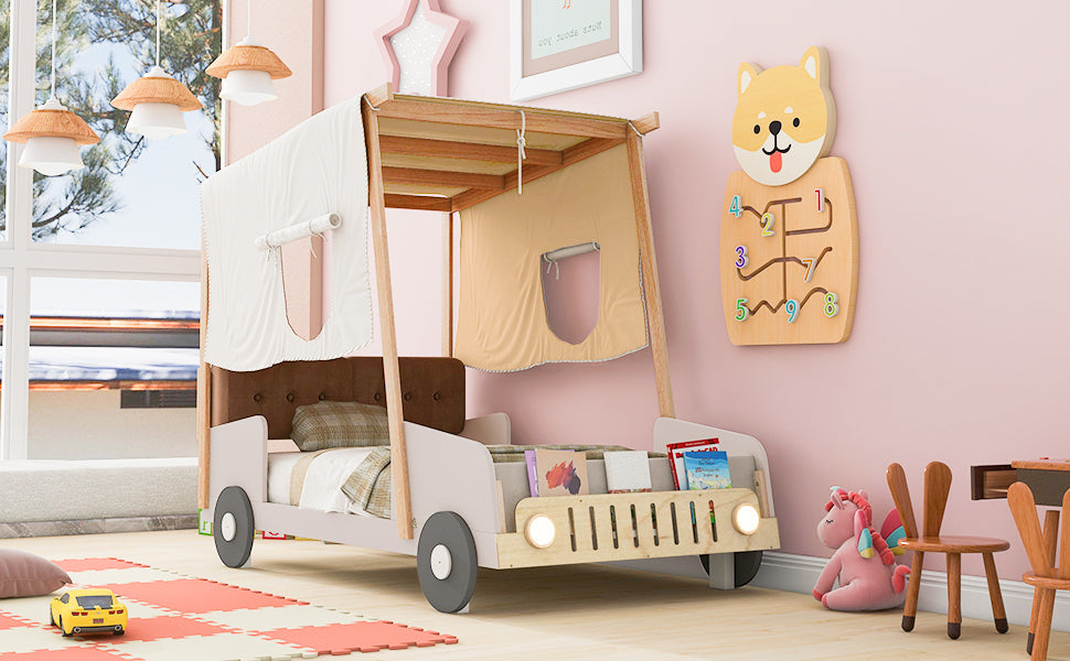 Wood Twin Size Car Bed With Pillow, Ceiling Cloth And Led, Natural Box Spring Not Required Twin Natural Wood Bedroom Solid Wood Mdf