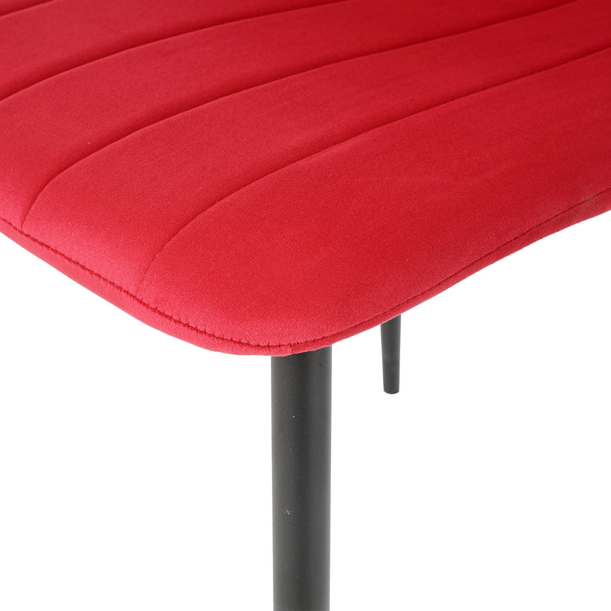 Table And Chair Set, One Table And Four Chairs. Clear Tempered Glass Table Top, 0.3 Feet Thick, Black Wrought Iron Legs. Black Spray Paint Chair Legs. Upholstered Chair Glass Red Metal Rectangular