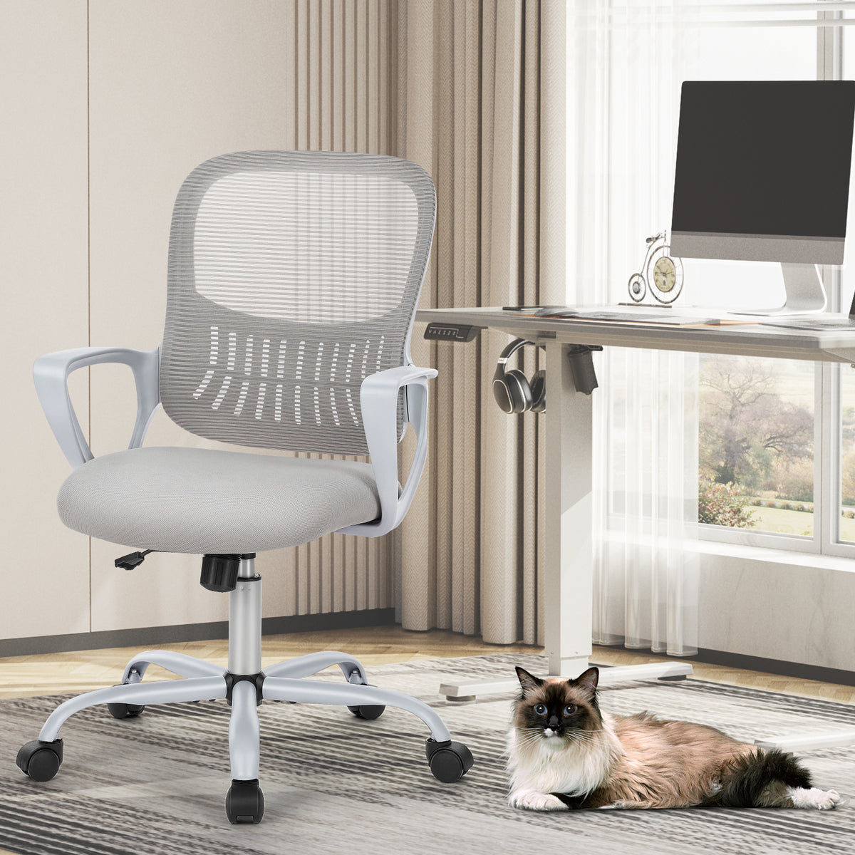 Sweetcrispy Ergonomic Office Chair Home Desk Mesh Chair With Fixed Armrest Executive Computer Chair With Soft Foam Seat Cushion Gray Nylon Mesh