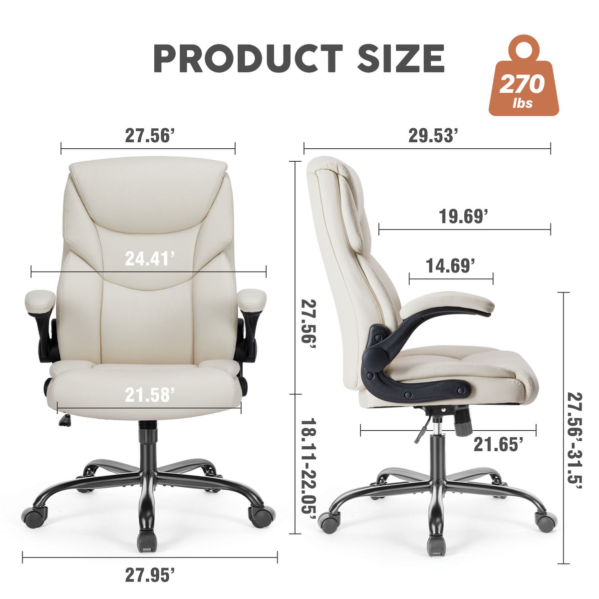 Sweetcrispy Executive Office Pu Leather Desk Chair High Back Flip Up Armrest Adjustable Ergonomic Home Office Chair White Pu Leather
