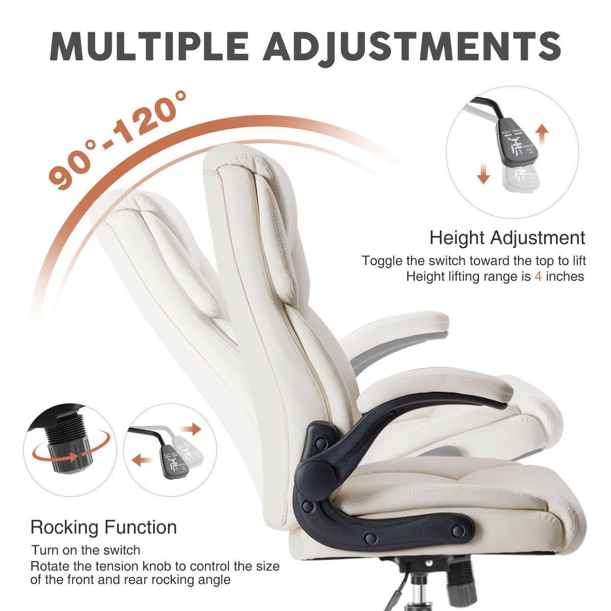 Sweetcrispy Executive Office Pu Leather Desk Chair High Back Flip Up Armrest Adjustable Ergonomic Home Office Chair White Pu Leather