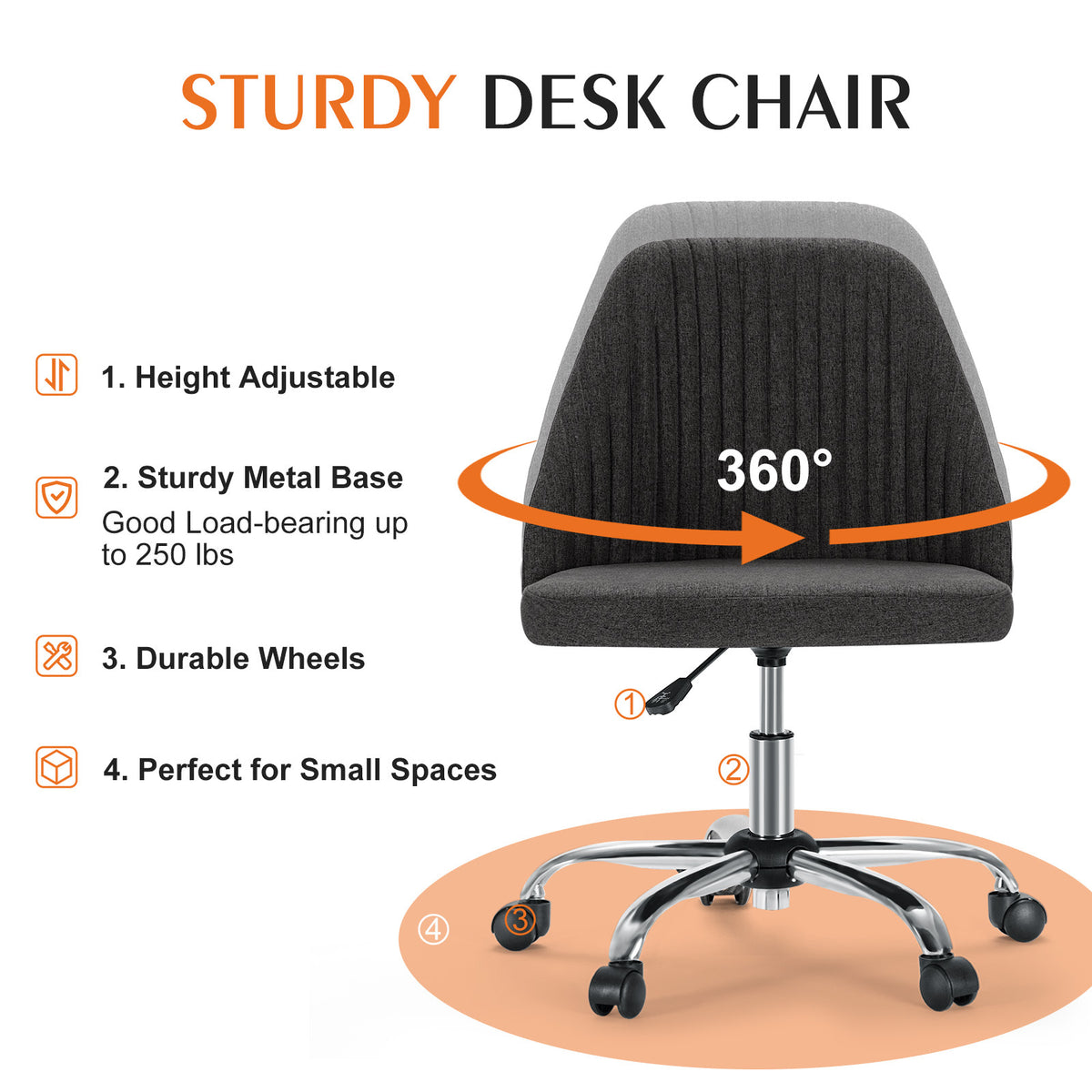 Sweetcrispy Armless Home Office Desk Chair With Wheels Adjustable Swivel Task Computer Vanity Chair For Small Spaces Dark Gray Fabric