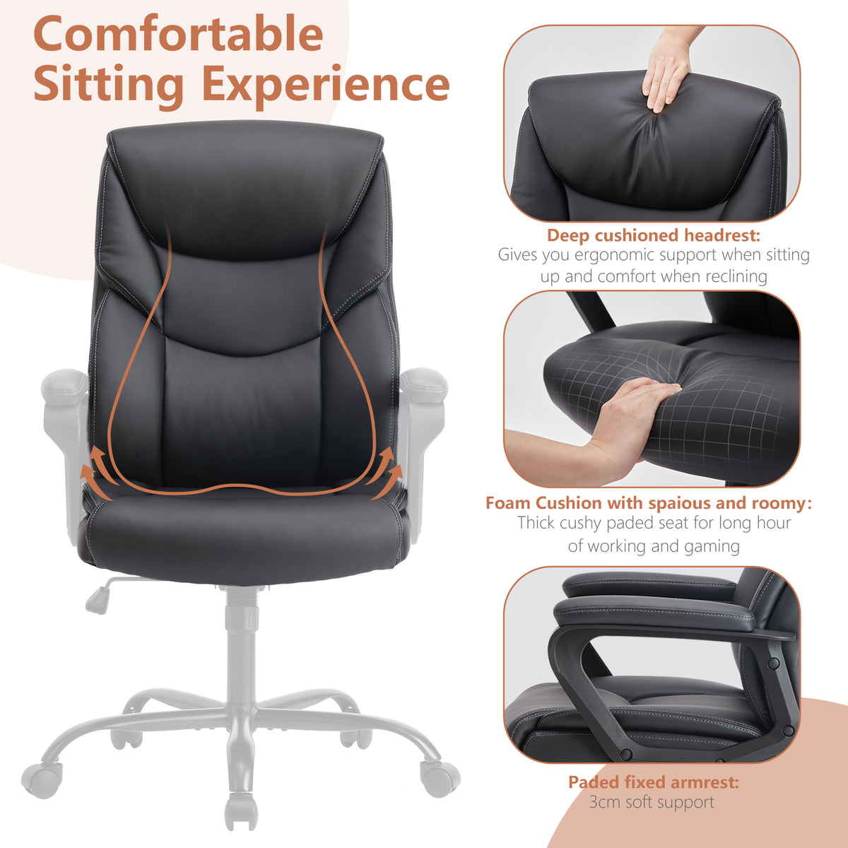 Sweetcrispy Home Office Chair Ergonomic Pu Leather Desk Chair With Armrests Black Pu Leather