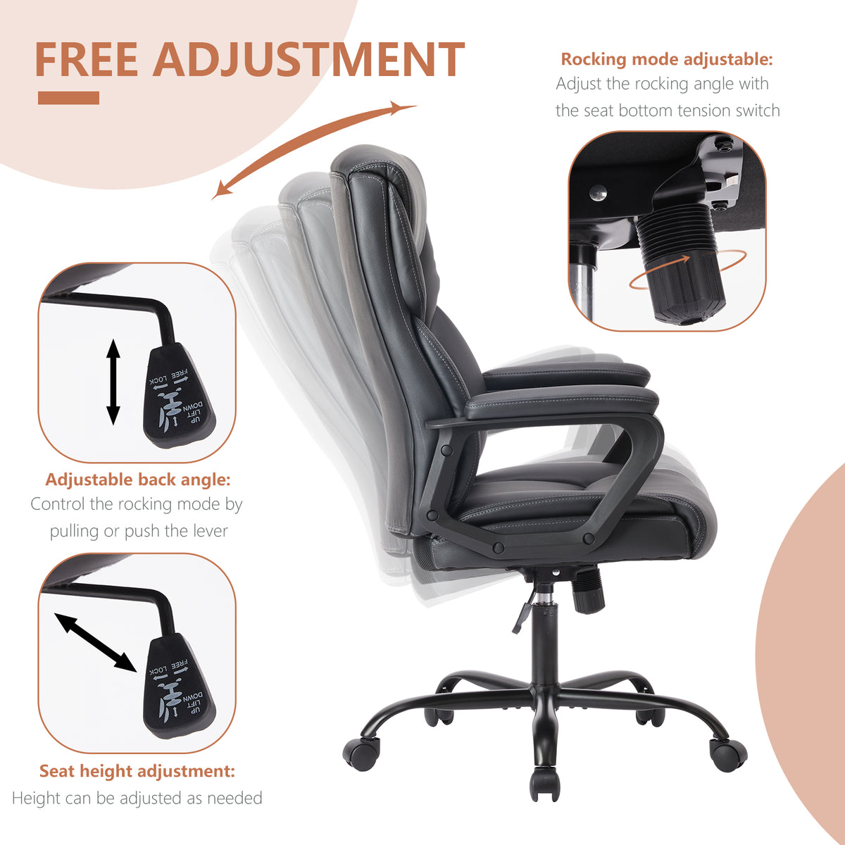 Sweetcrispy Home Office Chair Ergonomic Pu Leather Desk Chair With Armrests Black Pu Leather
