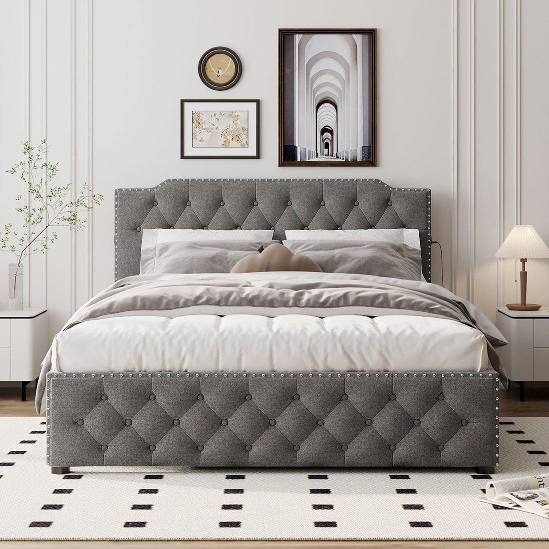 Queen Size Upholstered Platform Bed With Twin Size Trundle And 2 Sets Of Usb Ports On Each Side, Linen Fabric, Gray Queen Gray Linen