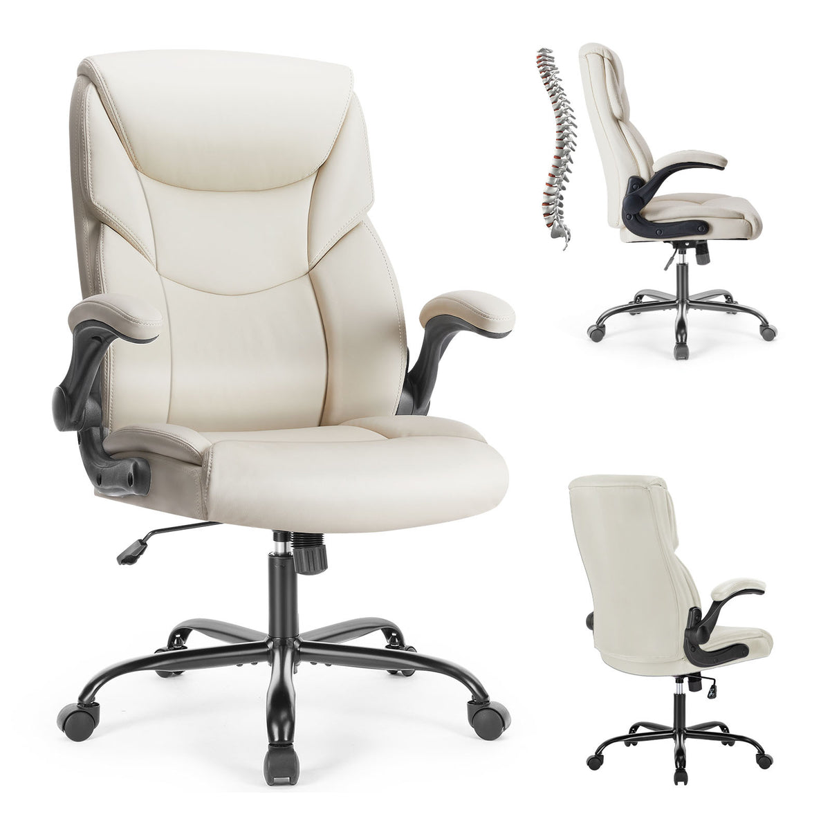 Sweetcrispy Executive Office Pu Leather Desk Chair High Back Flip Up Armrest Adjustable Ergonomic Home Office Chair White Pu Leather