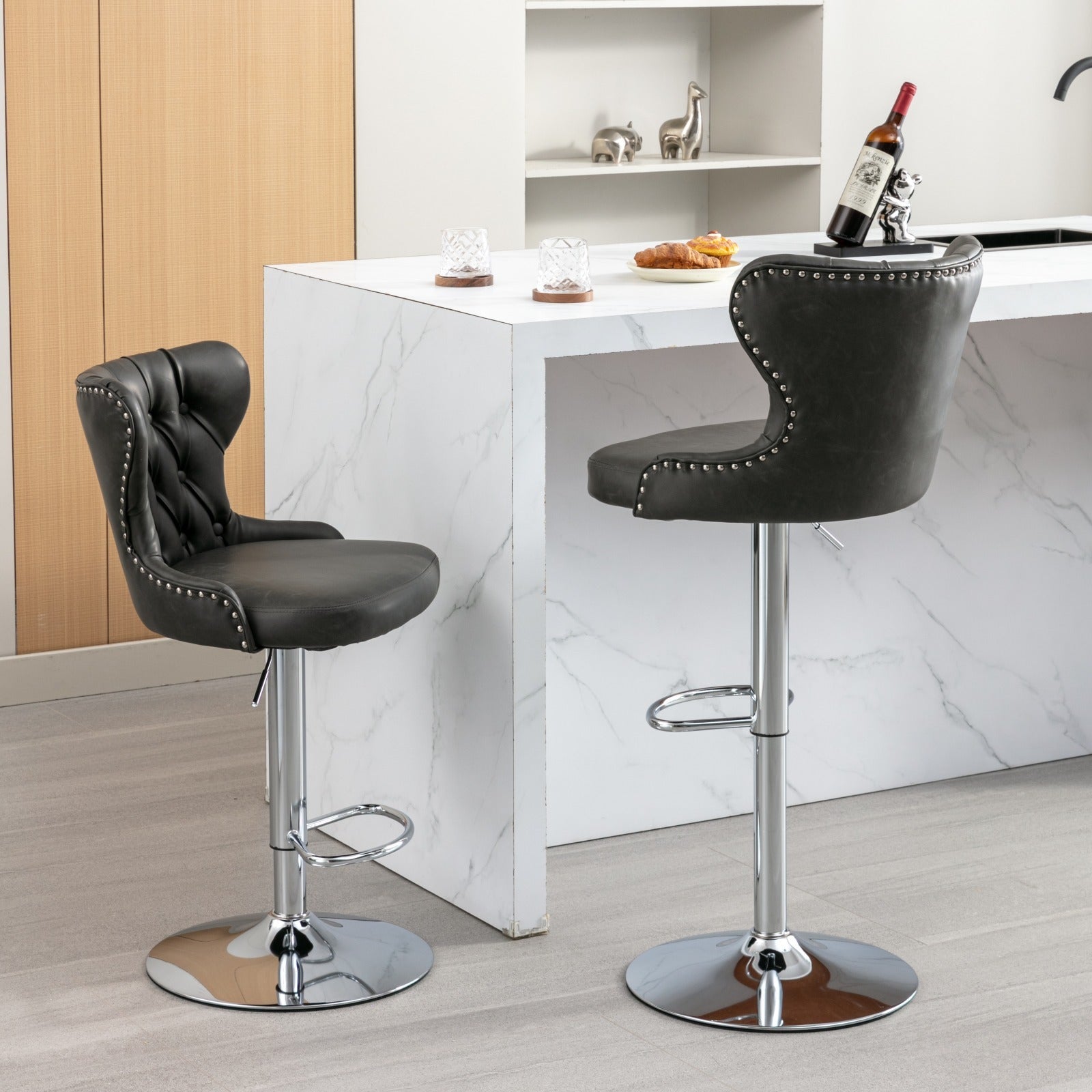 Swivel Pu Barstools Adjusatble Seat Height From 25 33 Inch, Modern Upholstered Chrome Base Bar Stools With Backs Comfortable Tufted For Home Pub And Kitchen Island,Olive Green, Sw1844Gy Gray Dining Room American Design Foam Pu Leather