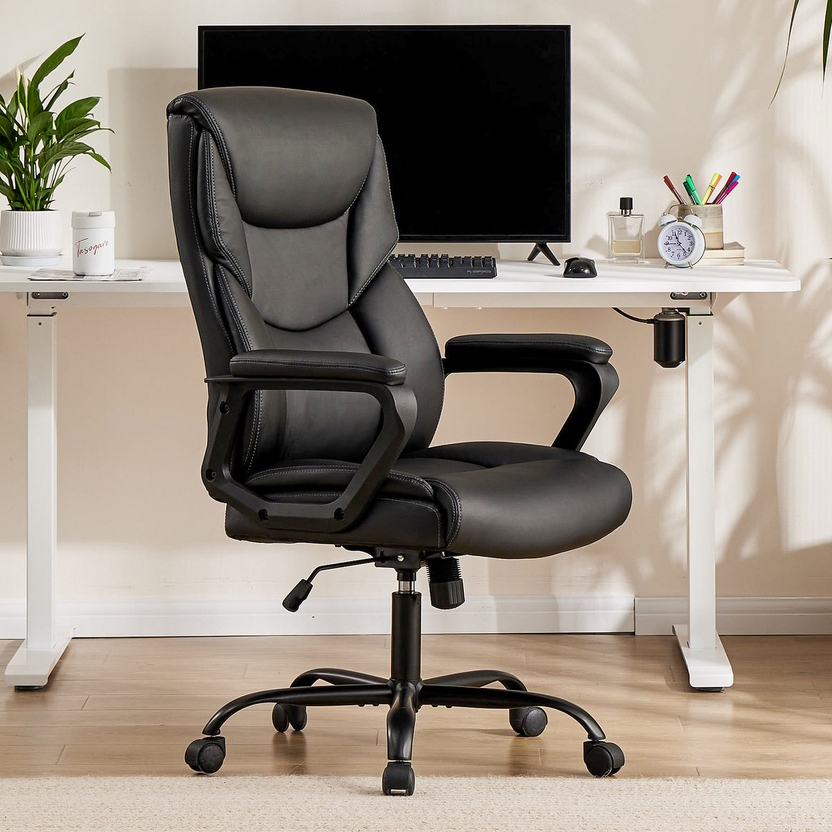 Sweetcrispy Home Office Chair Ergonomic Pu Leather Desk Chair With Armrests Gray Pu Leather