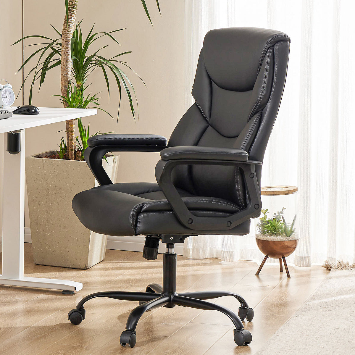 Sweetcrispy Home Office Chair Ergonomic Pu Leather Desk Chair With Armrests Black Pu Leather