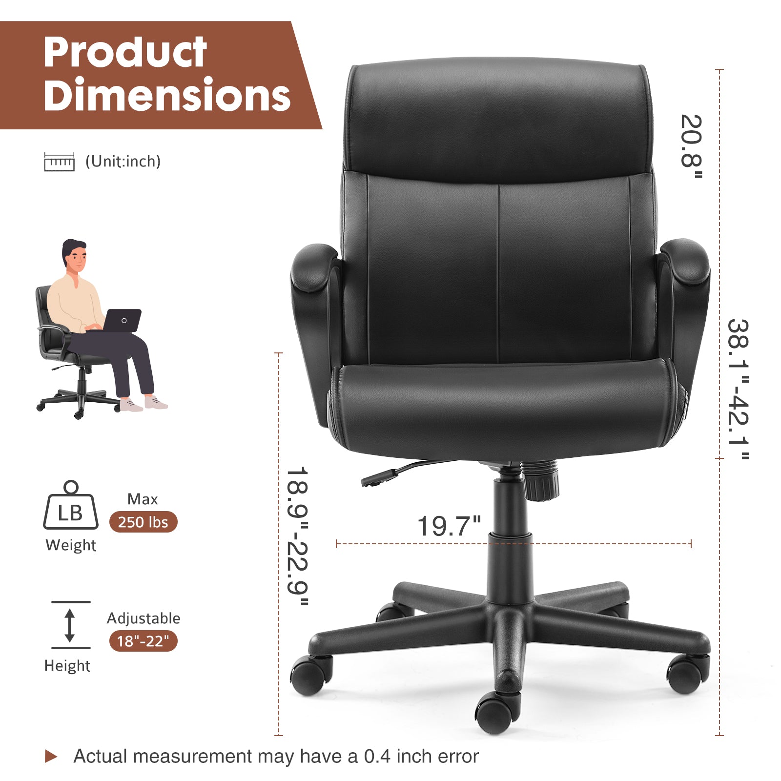 Sweetcrispy Mid Back Office Desk Chair With Padded Armrests Pu Leather Home Office Chair Black Pu Leather