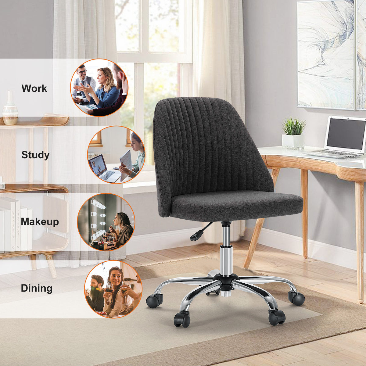 Sweetcrispy Armless Home Office Desk Chair With Wheels Adjustable Swivel Task Computer Vanity Chair For Small Spaces Dark Gray Fabric