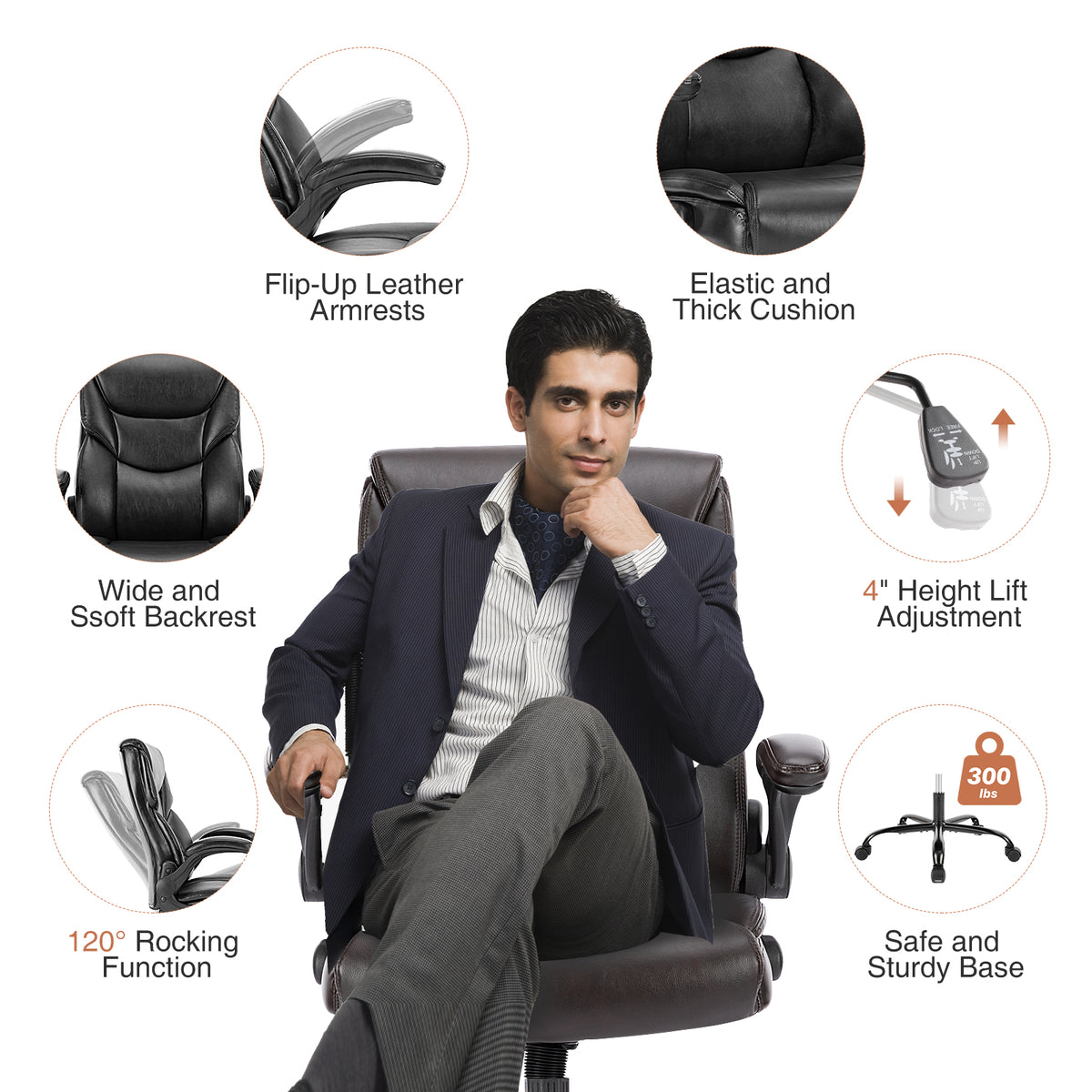 Sweetcrispy Executive Office Pu Leather Desk Chair High Back Flip Up Armrest Adjustable Ergonomic Home Office Chair Black Pu Leather