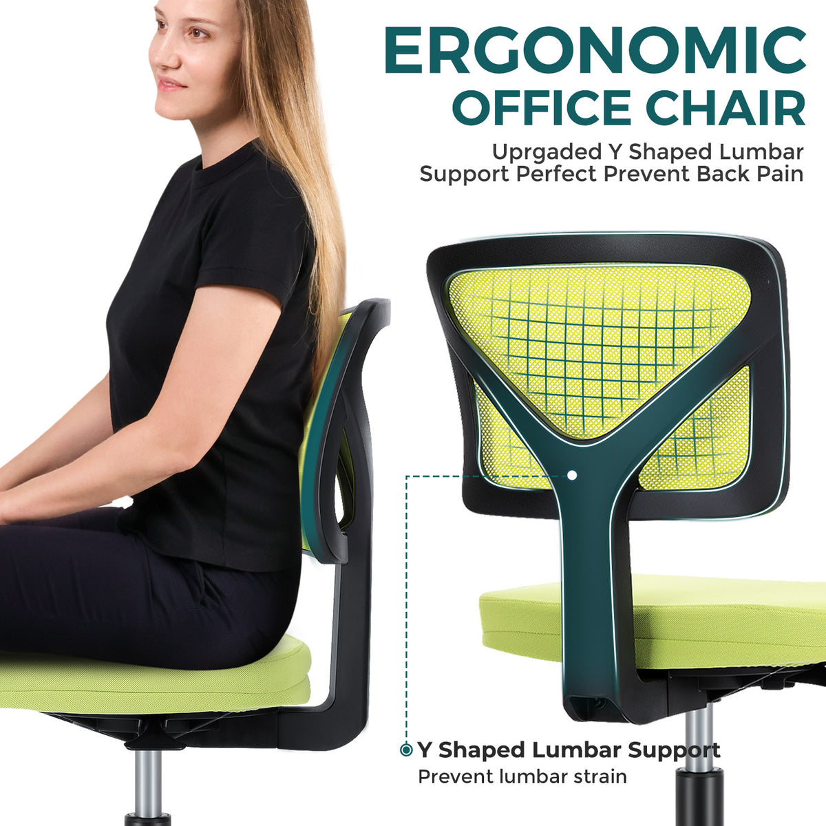 Sweetcrispy Armless Desk Chair Small Home Office Chair With Lumbar Support Green Nylon Mesh
