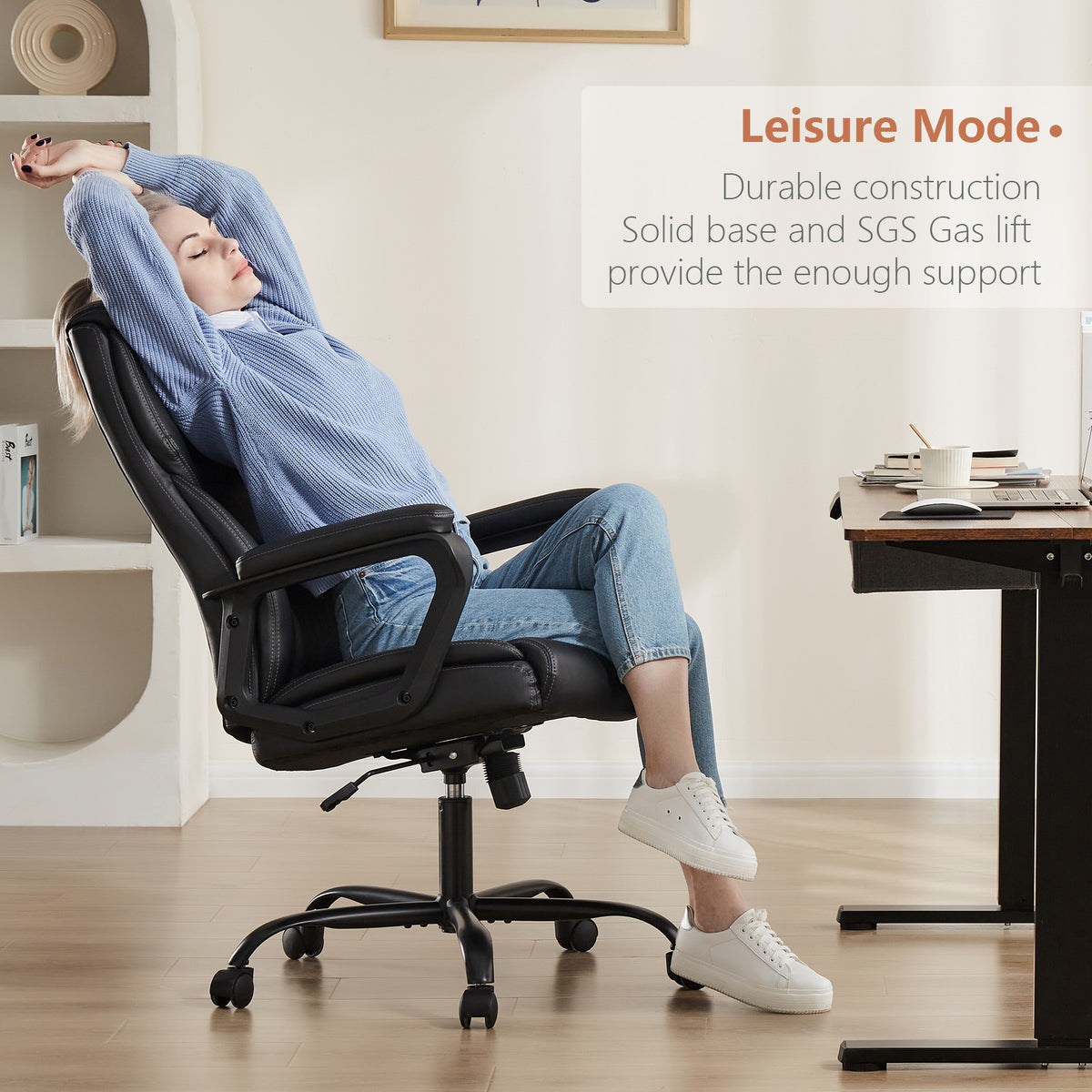 Sweetcrispy Home Office Chair Ergonomic Pu Leather Desk Chair With Armrests Black Pu Leather