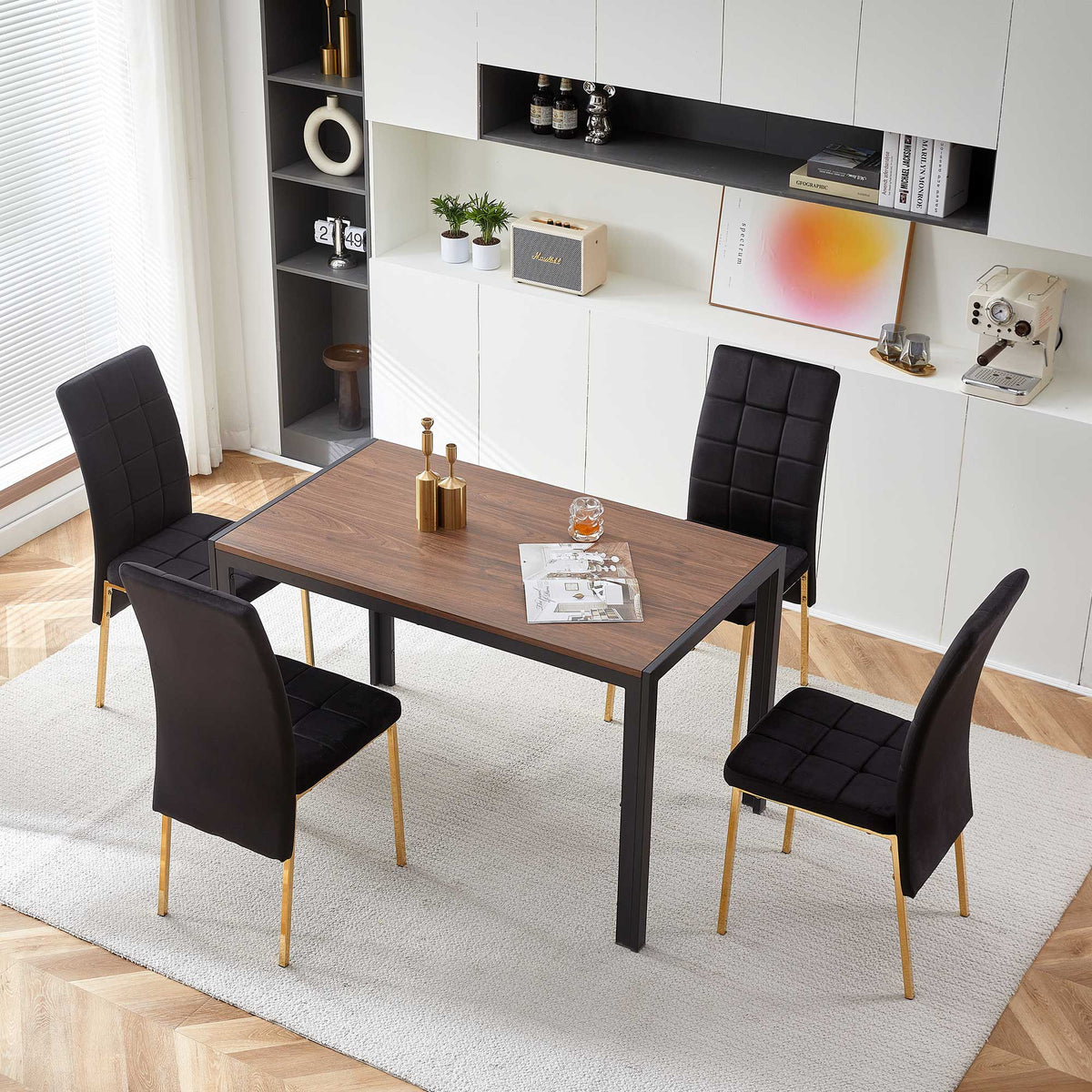 Black Velvet High Back Nordic Dining Chair Modern Fabric Chair With Golden Color Legs, Set Of 4 Metal Plaid Black Dining Room Powder Coated Foam Dry Clean Modern Dining Chairs Solid Back Foam Velvet
