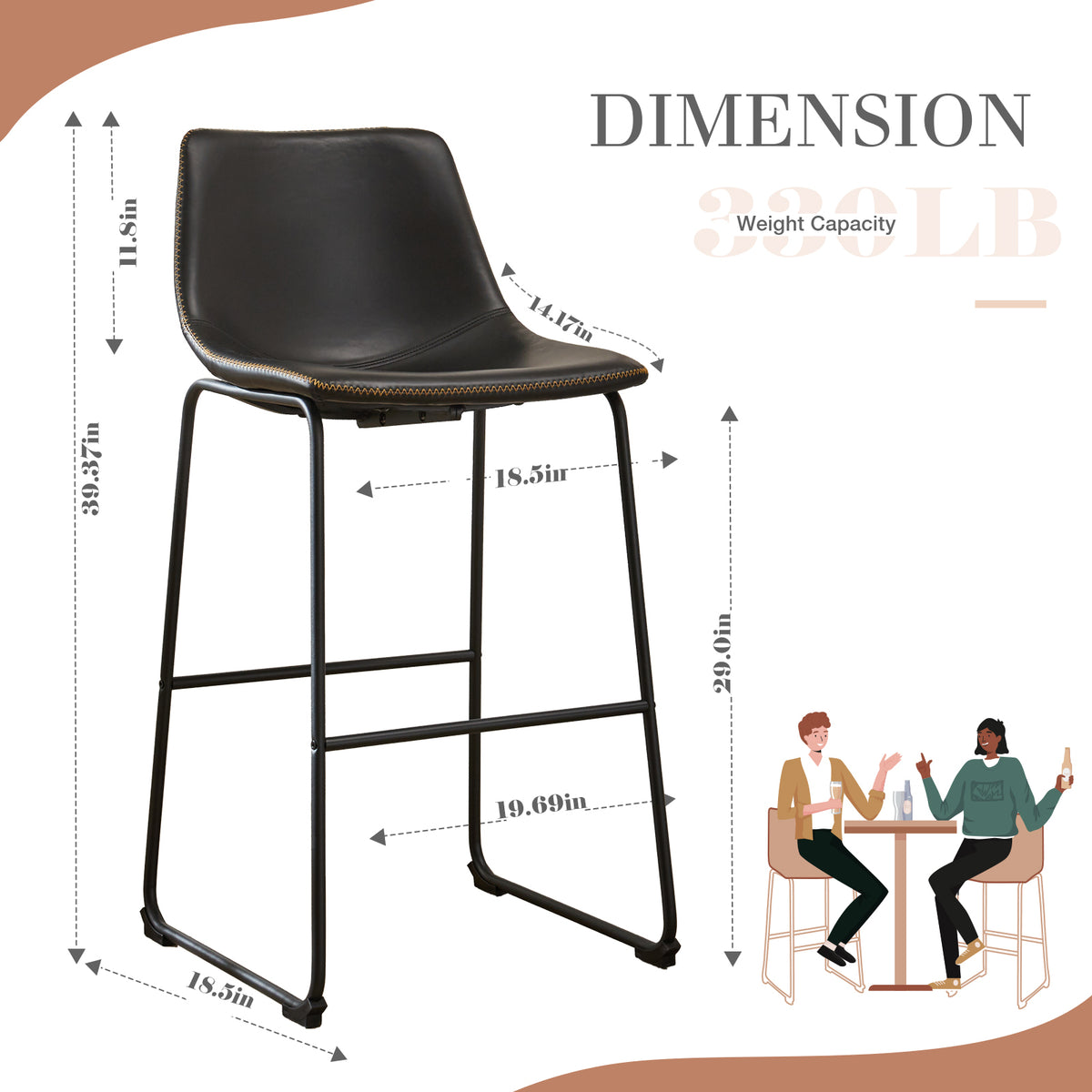 Sweetcrispy Leather 30 Inch Leather Counter Height Bar Stools Bar Stools Set Of 2 Black Pu