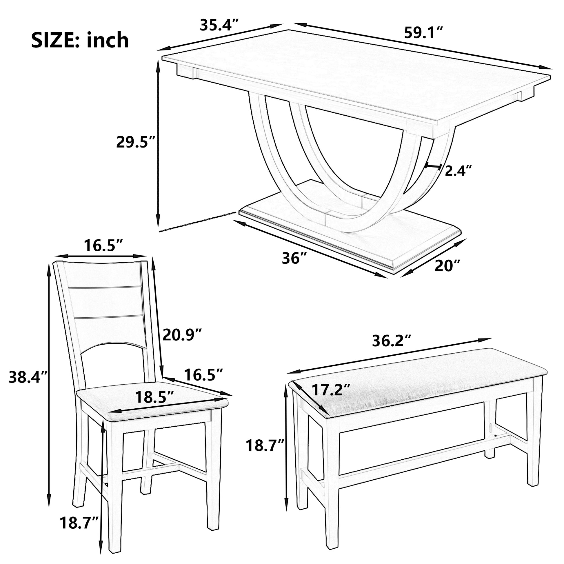 6 Piece Wood Half Round Dining Table Set Kitchen Table Set With Long Bench And 4 Dining Chairs, Modern Style, Gray Gray Wood Dining Room Bench Seating Rubberwood Rectangular Dining Table With Chair And Bench Upholstered Chair Wood Gray Solid Back Seats 6